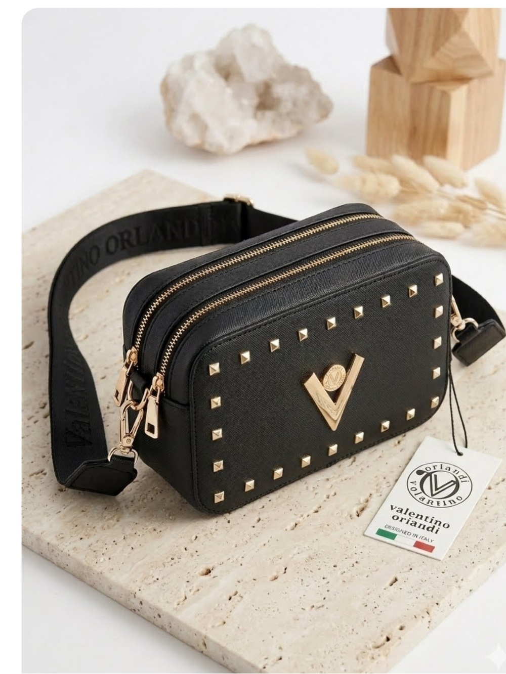 NWT Valentino Orlandi Black Gold Studded Camera
Crossbody Bag Double Zipper